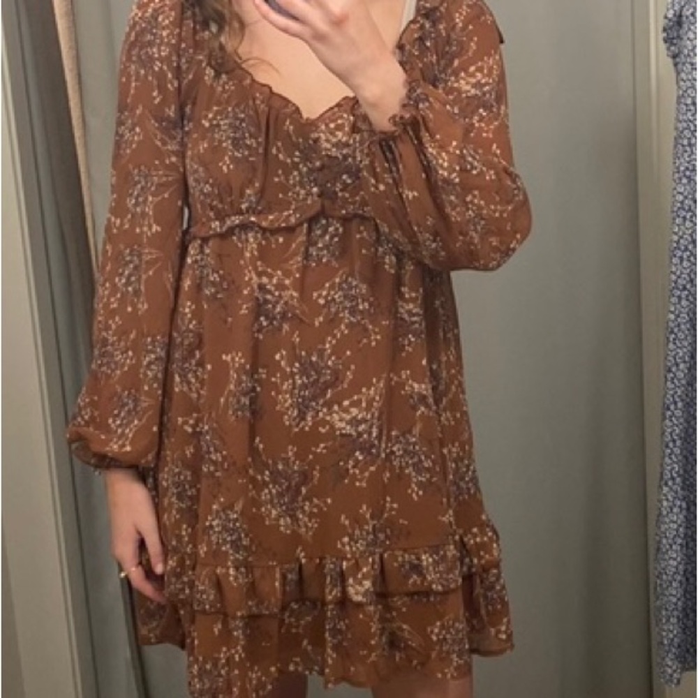 Floral Brown Long Sleeve Dress